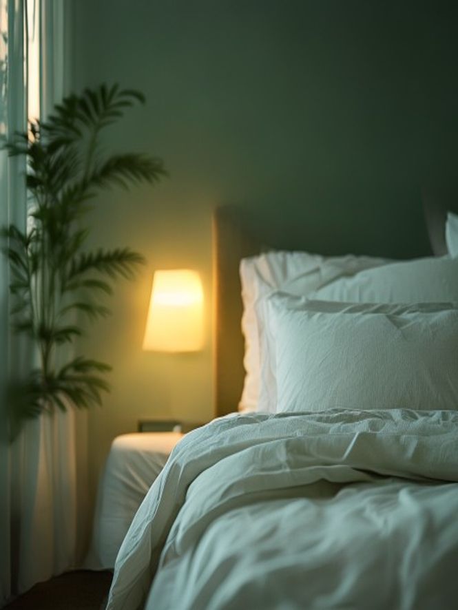 Rustige avondkamer met gedimde lampen en zachte textuur